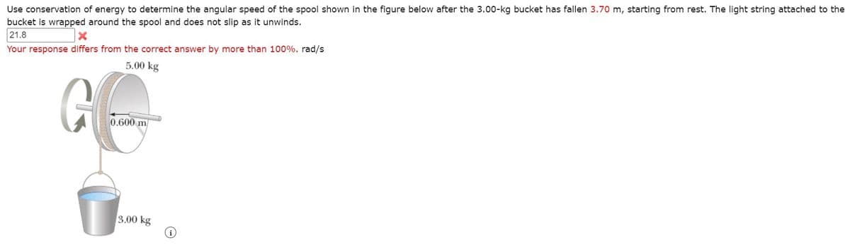 Use conservation of energy to determine the angular speed of the spool shown in the figure below after the 3.00-kg bucket has fallen 3.70 m, starting from rest. The light string attached to the
bucket is wrapped around the spool and does not slip as it unwinds.
21.8
Your response differs from the correct answer by more than 100%. rad/s
5.00 kg
0.600 m
3.00 kg
