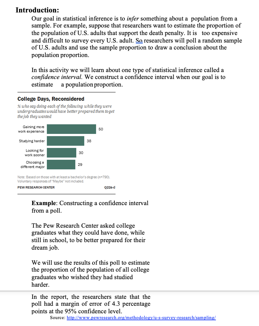 Introduction:
Our goal in statistical inference is to infer something about a population from a
sample. For example, suppose that researchers want to estimate the proportion of
the population of U.S. adults that support the death penalty. It is too expensive
and difficult to survey every U.S. adult. So researchers will poll a random sample
of U.S. adults and use the sample proportion to draw a conclusion about the
population proportion.
In this activity we will learn about one type of statistical inference called a
confidence interval. We construct a confidence interval when our goal is to
estimate
a population proportion.
College Days, Reconsidered
% who say doing each of the following while they were
undergraduates would have better prepared them to get
the job they wanted
Gaining more
work experience
50
Studying harder
38
Looking for
work sooner
30
Choosing a
different major
29
Note: Based on those with atleasta bachelor's degree (n=790).
Voluntary responses of "Maybe" notincluded.
PEW RESEARCH CENTER
Q228-d
Example: Constructing a confidence interval
from a poll.
The Pew Research Center asked college
graduates what they could have done, while
still in school, to be better prepared for their
dream job.
We will use the results of this poll to estimate
the proportion of the population of all college
graduates who wished they had studied
harder.
In the report, the researchers state that the
poll had a margin of error of 4.3 percentage
points at the 95% confidence level.
Source: http://www.pewresearch.org/methodology/u-s-survey-research/sampling/
