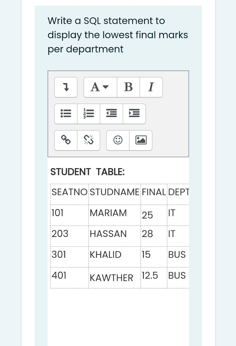 Write a SQL statement to
display the lowest final marks
per department
A -
B I
STUDENT TABLE:
SEATNO STUDNAME FINAL DEPT
101
MARIAM
25
IT
203
HASSAN
28
IT
301
KHALID
15
BUS
401
KAWTHER 12.5 BUS
III
!
