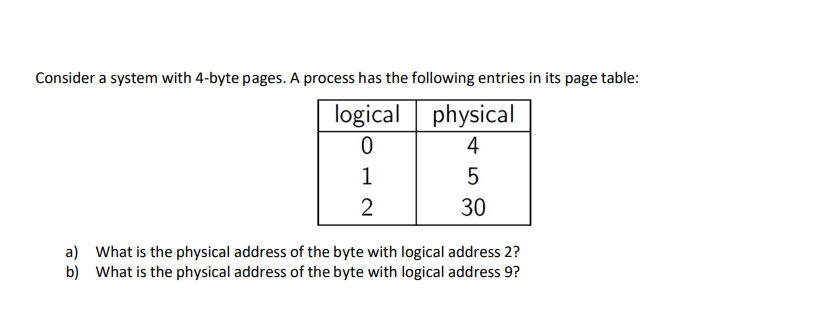 Consider a system with 4-byte pages. A process has the following entries in its page table:
logical
0
1
2
physical
4
5
30
a) What is the physical address of the byte with logical address 2?
b) What is the physical address of the byte with logical address 9?