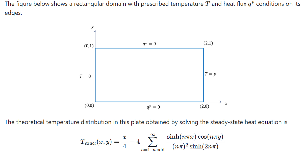 The figure below shows a rectangular domain with prescribed temperature T and heat flux qº conditions on its
edges.
y
(0,1)
T=0
(0,0)
Texact (x, y)
X
4
qP = 0
4
qP = 0
The theoretical temperature distribution in this plate obtained by solving the steady-state heat equation is
sinh(n7æ) cos(nay)
(n7)2 sinh(2n7)
∞
(2,1)
n=1, n odd
T = y
(2,0)
x