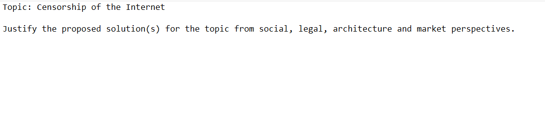 Topic: Censorship of the Internet
Justify the proposed solution(s) for the topic from social, legal, architecture and market perspectives.