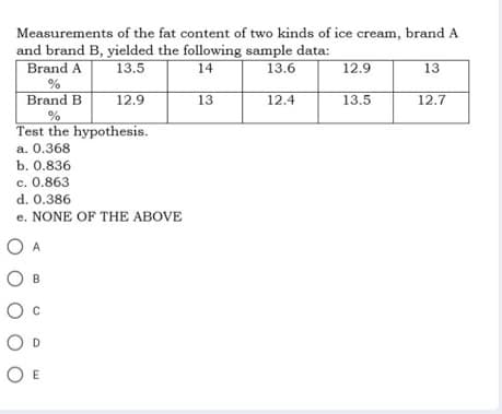 Measurements of the fat content of two kinds of ice cream, brand A
and brand B, yielded the following sample data:
Brand A
13.5
14
13.6
12.9
13
%
Brand B
12.9
13
12.4
13.5
12.7
%
Test the hypothesis.
a. 0.368
b. 0.836
c. 0.863
d. 0.386
e. NONE OF THE ABOVE
O A
OB
O C
O D
OE