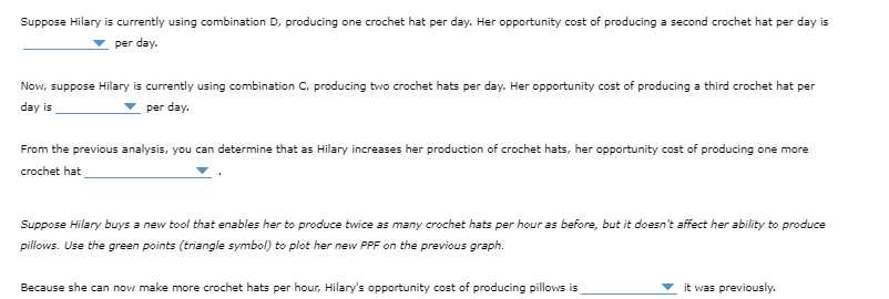 Suppose Hilary is currently using combination D, producing one crochet hat per day. Her opportunity cost of producing a second crochet hat per day is
per day.
Now, suppose Hilary is currently using combination C, producing two crochet hats per day. Her opportunity cost of producing a third crochet hat per
day is
per day.
From the previous analysis, you can determine that as Hilary increases her production of crochet hats, her opportunity cost of producing one more
crochet hat
Suppose Hilary buys a new tool that enables her to produce twice as many crochet hats per hour as before, but it doesn't affect her ability to produce
pillows. Use the green points (triangle symbol) to plot her new PPF on the previous graph.
Because she can now make more crochet hats per hour, Hilary's opportunity cost of producing pillows is
it was previously.