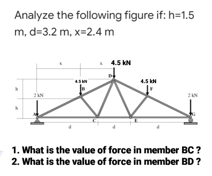 Analyze the following figure if: h=1.5
m, d=3.2 m, x=2.4 m
4.5 kN
D
4.5 kN
4.5 kN
h
B
2 kN
2 kN
h
E
1. What is the value of force in member BC ?
2. What is the value of force in member BD ?
