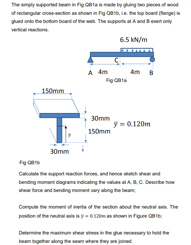 The simply supported beam in Fig QB1a is made by gluing two pieces of wood
of rectangular cross-section as shown in Fig QB1b, i.e. the top board (flange) is
glued onto the bottom board of the web. The supports at A and B exert only
vertical reactions.
150mm
T
30mm
A 4m
C
30mm
150mm
6.5 kN/m
Fig QB1a
4m B
y = 0.120m
Fig QB1b
Calculate the support reaction forces, and hence sketch shear and
bending moment diagrams indicating the values at A, B, C. Describe how
shear force and bending moment vary along the beam;
Compute the moment of inertia of the section about the neutral axis. The
position of the neutral axis is y = 0.120m as shown in Figure QB1b;
Determine the maximum shear stress in the glue necessary to hold the
beam together along the seam where they are joined.