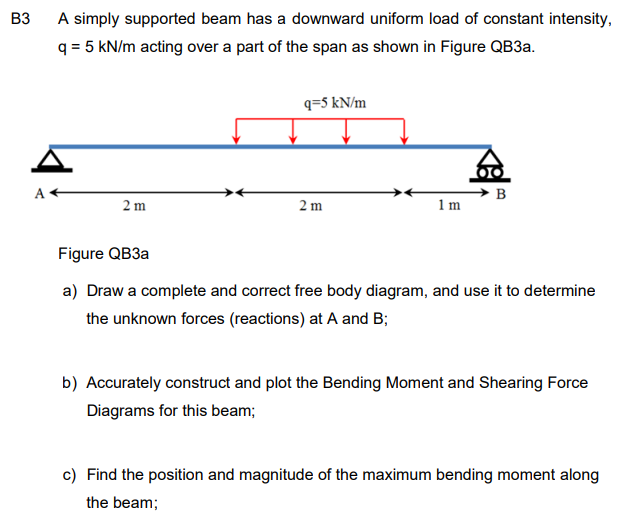 B3
A simply supported beam has a downward uniform load of constant intensity,
q = 5 kN/m acting over a part of the span as shown in Figure QB3a.
A←
2 m
q=5 kN/m
2m
1m
B
Figure QB3a
a) Draw a complete and correct free body diagram, and use it to determine
the unknown forces (reactions) at A and B;
b) Accurately construct and plot the Bending Moment and Shearing Force
Diagrams for this beam;
c) Find the position and magnitude of the maximum bending moment along
the beam;