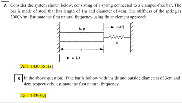 A Consider the system shown below, consisting of a spring connected to a clamped-free bar. The
bar is made of steel that has length of 1m and diameter of 4cm. The stiffness of the spring is
3000N/m. Estimate the first natural frequency using finite element approach.
E, P
U₂(1)
[Ans: 1430.35 Hz]
u₁(t)
B In the above question, if the bar is hollow with inside and outside diameters of 3cm and
4cm respectively, estimate the first natural frequency.
[Ans: 1430Hz]