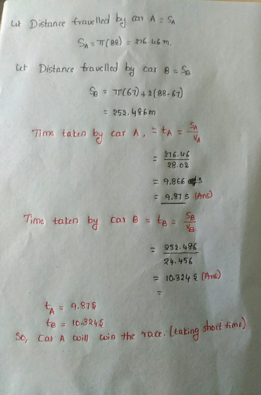 Lit Distance trauelled by ar A = SA
SA = T(88) = 276. 46 m.
%3D
et Distance trauclled by car B = Se
= TT(67) + 2 ( 88 -67)
%3D
= 252, 486m
SA
Time taben
Car A, tA =
&u .6רל
28.02
= 9,866 3
F 9,87 s (Ans)
Time taten by
SB
Car e = te =
Ve
252.486
24.456
= 10:324 E (Ans)
tA = 9.875
te = 10.324$
Pe, Car A wil win the race. (tating short time)
S6, Car A will win thc race.
