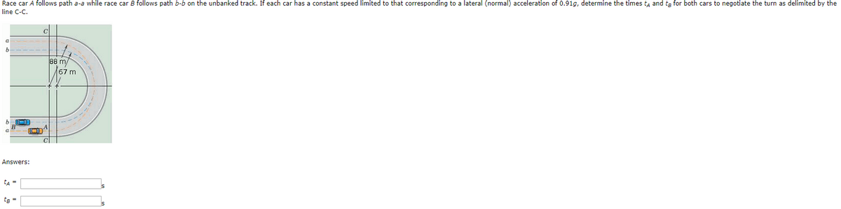 Race car A follows path a-a while race car B follows path b-b on the unbanked track. If each car has a constant speed limited to that corresponding to a lateral (normal) acceleration of 0.91g, determine the times tą and tg for both cars to negotiate the turn as delimited by the
line C-C.
88 m/
67 m
a
Answers:
ta =
ts =
----
