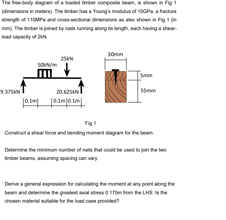 The free-body diagram of a loaded timber composite beam, is shown in Fig 1
(dimensions in meters). The timber has a Young's modulus of 15GPa, a fracture
strength of 110MPa and cross-sectional dimensions as also shown in Fig 1 (in
mm). The timber is joined by nails running along its length, each having a shear-
load capacity of 2kN.
9.375kN
50kN/m
0.1m
25kN
20.625kN
0.1m 0.1m
30mm
5mm
55mm
Fig 1
Construct a shear force and bending moment diagram for the beam.
Determine the minimum number of nails that could be used to join the two
timber beams, assuming spacing can vary.
Derive a general expression for calculating the moment at any point along the
beam and determine the greatest axial stress 0.175m from the LHS. Is the
chosen material suitable for the load case provided?