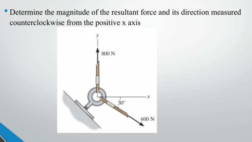 • Determine the magnitude of the resultant force and its direction measured
counterclockwise from the positive x axis
800 N
30°
600 N
