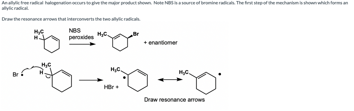 An allylic free radical halogenation occurs to give the major product shown. Note NBS is a source of bromine radicals. The first step of the mechanism is shown which forms an
allylic radical.
Draw the resonance arrows that interconverts the two allylic radicals.
H₂C
H
NBS
peroxides
H3C.
Br
+ enantiomer
H3C.
Draw resonance arrows
Br
H3C
H3C.
HBr +