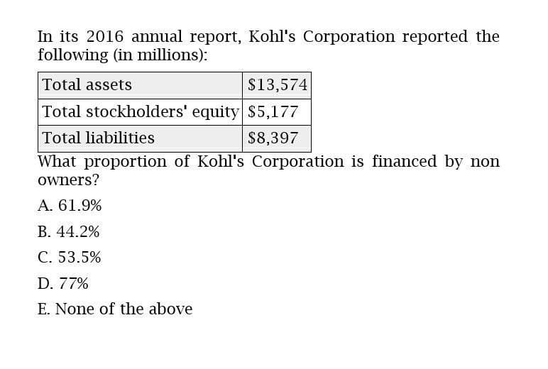 In its 2016 annual report, Kohl's Corporation reported the
following (in millions):
Total assets
$13,574
Total stockholders' equity $5,177
Total liabilities
$8,397
What proportion of Kohl's Corporation is financed by non
owners?
A. 61.9%
B. 44.2%
C. 53.5%
D. 77%
E. None of the above