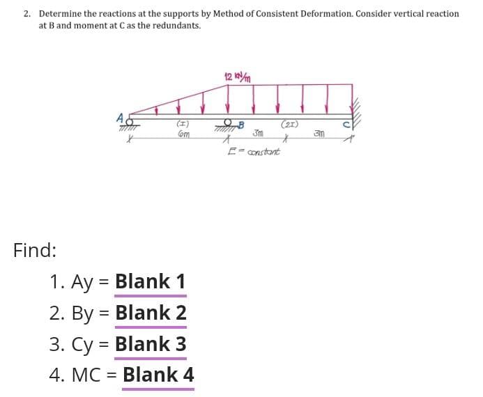 2. Determine the reactions at the supports by Method of Consistent Deformation. Consider vertical reaction
at B and moment at C as the redundants.
Find:
AS
x
(I)
Com
1. Ay = Blank 1
2. By = Blank 2
3. Cy = Blank 3
4. MC
Blank 4
=
12 kN/m
(21)
*
3m
E-constant
g