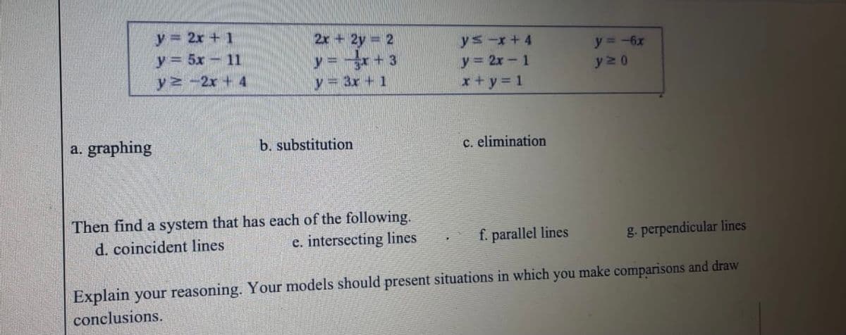 y 2x + 1
y 5x- 11
yz-2x + 4
2x + 2y 2
ys-x+4
y=-6x
y =+3
y = 2x- 1
x+ y 1
y2 0
y
3x + 1
a. graphing
b. substitution
c. elimination
Then find a system that has each of the following.
d. coincident lines
e. intersecting lines
f. parallel lines
g. perpendicular lines
Explain your reasoning. Your models should present situations in which you make comparisons and draw
conclusions.
