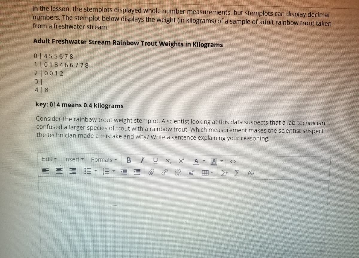 In the lesson, the stemplots displayed whole number measurements, but stemplots can display decimal
numbers. The stemplot below displays the weight (in kilograms) of a sample of adult rainbow trout taken
from a freshwater stream.
Adult Freshwater Stream Rainbow Trout Weights in Kilograms
0455678
11013466778
20012
31
48
key: 014 means 0.4 kilograms
Consider the rainbow trout weight stemplot. A scientist looking at this data suspects that a lab technician
confused a larger species of trout with a rainbow trout. Which measurement makes the scientist suspect
the technician made a mistake and why? Write a sentence explaining your reasoning.
Edit -
Insert Formats
BIUX, X²
A
T ()
ΣΣ Ν