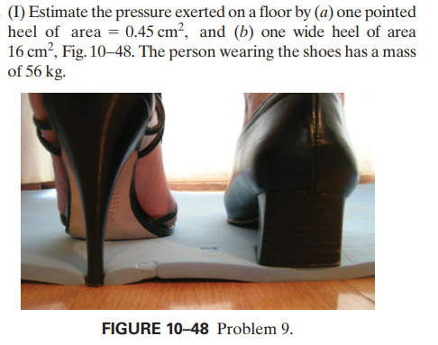 (I) Estimate the pressure exerted on a floor by (a) one pointed
heel of area = 0.45 cm², and (b) one wide heel of area
16 cm?, Fig. 10–48. The person wearing the shoes has a ma
of 56 kg.
ss
FIGURE 10-48 Problem 9.
