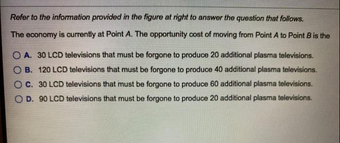 Refer to the information provided in the figure at right to answer the question that follows.
The economy is currently at Point A. The opportunity cost of moving from Point A to Point B is the
OA. 30 LCD televisions that must be forgone to produce 20 additional plasma televisions.
B. 120 LCD televisions that must be forgone to produce 40 additional plasma televisions.
OC. 30 LCD televisions that must be forgone to produce 60 additional plasma televisions.
D. 90 LCD televisions that must be forgone to produce 20 additional plasma televisions.