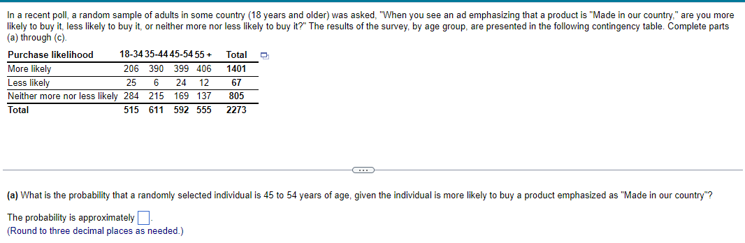 In a recent poll, a random sample of adults in some country (18 years and older) was asked, "When you see an ad emphasizing that a product is "Made in our country," are you more
likely to buy it, less likely to buy it, or neither more nor less likely to buy it?" The results of the survey, by age group, are presented in the following contingency table. Complete parts
(a) through (c).
Purchase likelihood
More likely
Less likely
Neither more nor less likely 284
Total
515
18-34 35-44 45-54 55+
206 390 399 406
25 6 24 12
215 169 137
611 592 555
Total
1401
67
805
2273
D
C
(a) What is the probability that a randomly selected individual is 45 to 54 years of age, given the individual is more likely to buy a product emphasized as "Made in our country"?
The probability is approximately
(Round to three decimal places as needed.)