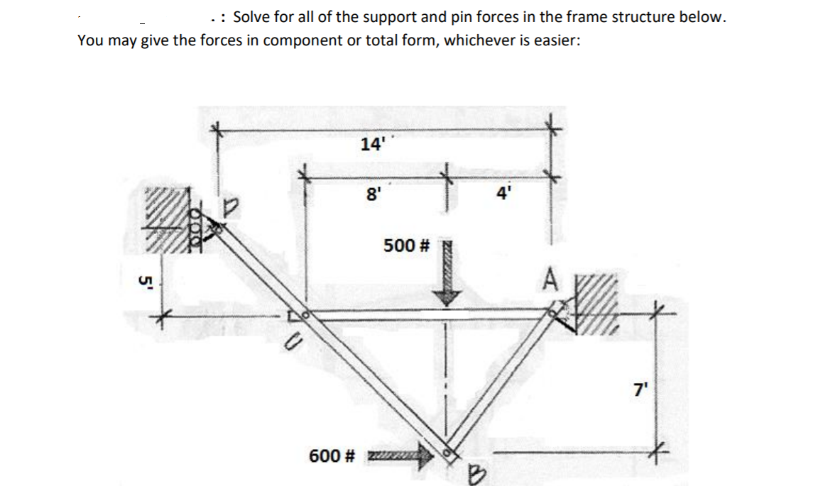 .: Solve for all of the support and pin forces in the frame structure below.
You may give the forces in component or total form, whichever is easier:
14'
8'
500 #
A
7'
600 # ZZZR
