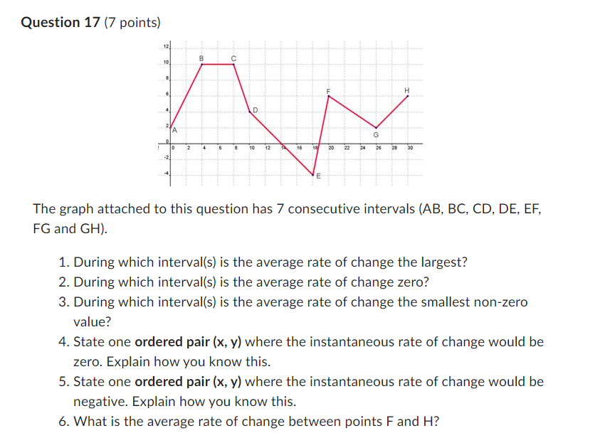 Question 17 (7 points)
!
A
10
B
6
8
10 12
G
24
H
26
28
HTT
30
The graph attached to this question has 7 consecutive intervals (AB, BC, CD, DE, EF,
FG and GH).
1. During which interval(s) is the average rate of change the largest?
2. During which interval(s) is the average rate of change zero?
3. During which interval(s) is the average rate of change the smallest non-zero
value?
4. State one ordered pair (x, y) where the instantaneous rate of change would be
zero. Explain how you know this.
5. State one ordered pair (x, y) where the instantaneous rate of change would be
negative. Explain how you know this.
6. What is the average rate of change between points F and H?