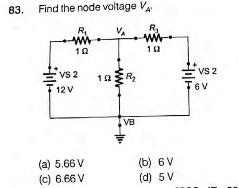 83. Find the node voltage VA.
R
VA
R3
12
VS 2
VS 2
10 R
T6V
T 12 V
VB
(a) 5.66 V
(c) 6.66 V
(b) 6 V
(d) 5 V
