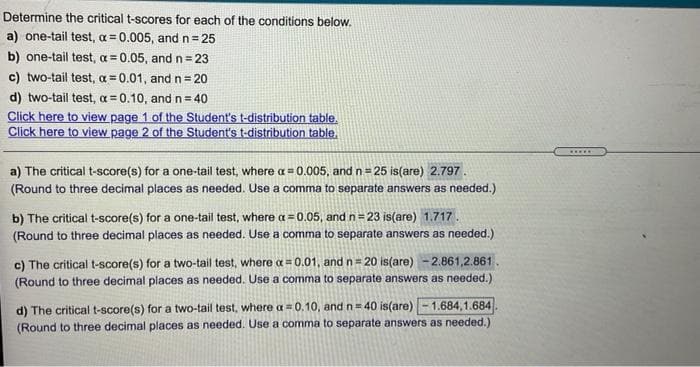 Determine the critical t-scores for each of the conditions below.
a) one-tail test, a = 0.005, and n= 25
b) one-tail test, a = 0.05, and n=23
c) two-tail test, a = 0.01, and n= 20
d) two-tail test, a 0.10, and n = 40
Click here to view page 1 of the Student's t-distribution table.
Click here to view page 2 of the Student's t-distribution table,
a) The critical t-score(s) for a one-tail test, where a= 0.005, and n = 25 is(are) 2.797.
(Round to three decimal places as needed. Use a comma to separate answers as needed.)
b) The critical t-score(s) for a one-tail test, where a = 0.05, and n=23 is(are) 1.717.
(Round to three decimal places as needed. Use a comma to separate answers as needed.)
c) The critical t-score(s) for a two-tail test, where a = 0.01, and n= 20 is(are) -2.861,2.861
(Round to three decimal places as needed. Use a comma to separate answers as needed.)
d) The critical t-score(s) for a two-tail test, where a = 0.10, and n= 40 is(are) - 1.684,1.684
(Round to three decimal places as needed. Use a comma to separate answers as needed.)
