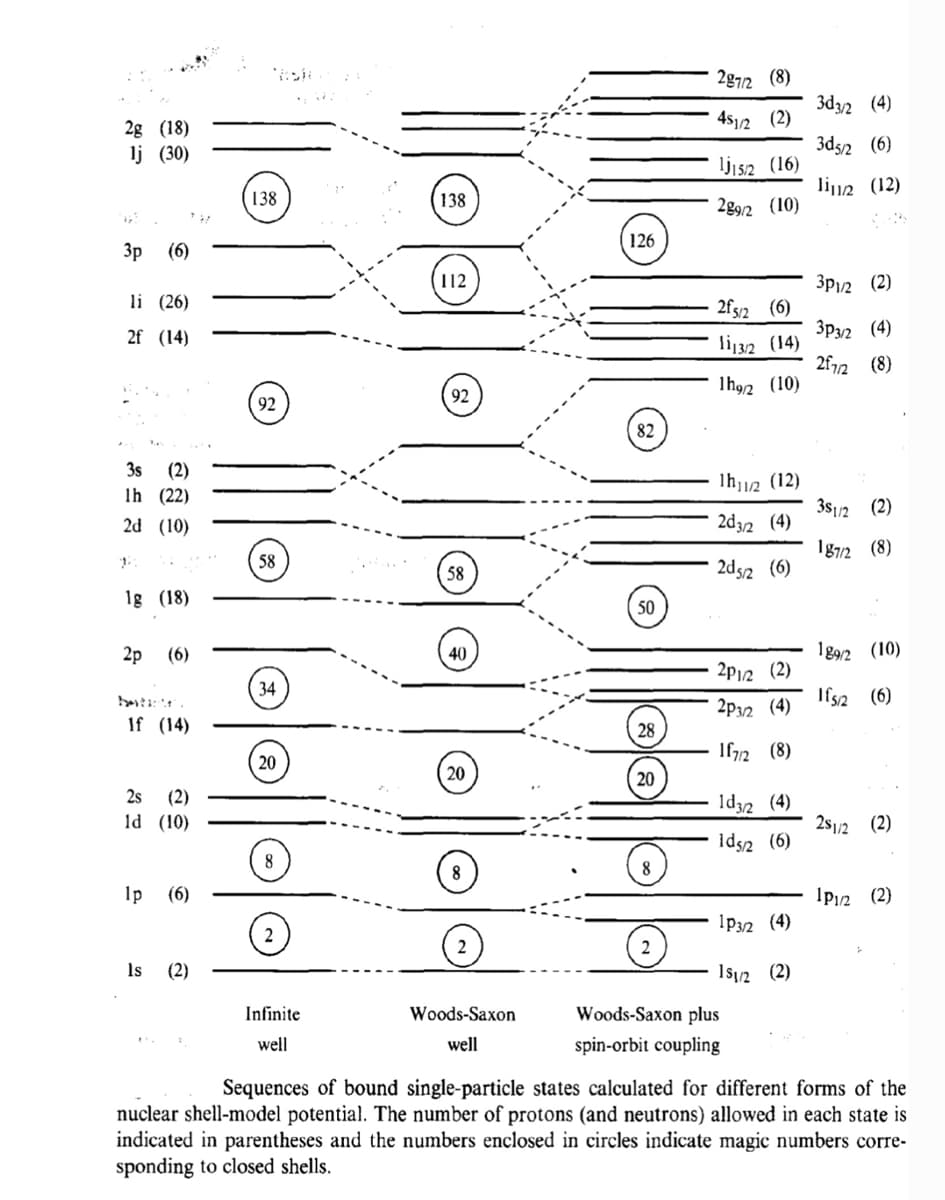 2g7/2 (8)
3d2 (4)
2g (18)
4512 (2)
Зds2 (6)
lj (30)
lji5/2 (16)
liue (12)
138
138
2g9/2 (10)
126
Зр (6)
112
Зру2 (2)
li (26)
2fs/2 (6)
2f (14)
Зру2 (4)
lij32 (14)
2f72 (8)
Ih9/2 (10)
92
92
82
(2)
Ih (22)
3s
(12) מ1hj1
3s1/2 (2)
2d (10)
2d32 (4)
Ig7/2 (8)
58
58
2d52 (6)
1g (18)
50
2p
(6)
40
189/2 (10)
2p12 (2)
34
Ifs2 (6)
2p32 (4)
If (14)
28
If72 (8)
20
20
20
2s
(2)
Id32 (4)
ld (10)
(a2ו2s
1ds2 (6)
Тp (6)
Ip12 (2)
IP32 (4)
2
2
Is
(2)
1sı/2 (2)
Infinite
Woods-Saxon
Woods-Saxon plus
well
well
spin-orbit coupling
Sequences of bound single-particle states calculated for different forms of the
nuclear shell-model potential. The number of protons (and neutrons) allowed in each state is
indicated in parentheses and the numbers enclosed in circles indicate magic numbers corre-
sponding to closed shells.

