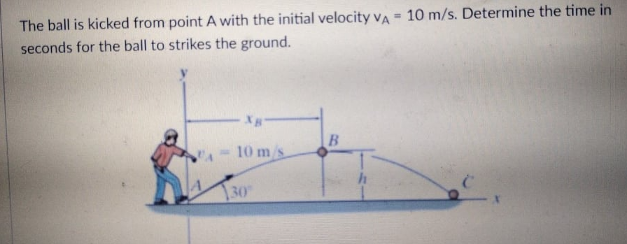 The ball is kicked from point A with the initial velocity vA = 10 m/s. Determine the time in
seconds for the ball to strikes the ground.
%3D
Xg
- 10 m/s
30°
