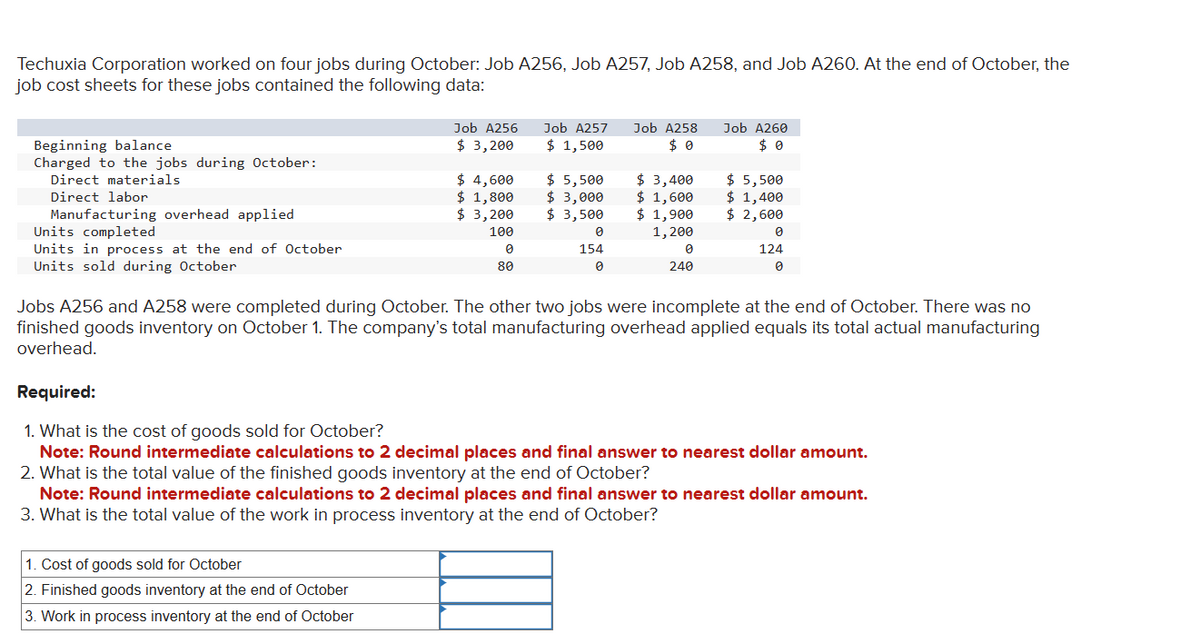 Techuxia Corporation worked on four jobs during October: Job A256, Job A257, Job A258, and Job A260. At the end of October, the
job cost sheets for these jobs contained the following data:
Beginning balance
Charged to the jobs during October:
Direct materials
Direct labor
Manufacturing overhead applied
Units completed
Units in process at the end of October
Units sold during October
Job A256
$ 3,200
$ 4,600
$ 1,800
$ 3,200
100
1. Cost of goods sold for October
2. Finished goods inventory at the end of October
3. Work in process inventory at the end of October
0
80
Job A257
$ 1,500
$ 5,500
$ 3,000
$ 3,500
0
154
0
Job A258
$3,400
$ 1,600
$ 1,900
1,200
0
240
Job A260
$ 5,500
$ 1,400
$ 2,600
0
124
Jobs A256 and A258 were completed during October. The other two jobs were incomplete at the end of October. There was no
finished goods inventory on October 1. The company's total manufacturing overhead applied equals its total actual manufacturing
overhead.
Required:
1. What is the cost of goods sold for October?
Note: Round intermediate calculations to 2 decimal places and final answer to nearest dollar amount.
2. What is the total value of the finished goods inventory at the end of October?
Note: Round intermediate calculations to 2 decimal places and final answer to nearest dollar amount.
3. What is the total value of the work in process inventory at the end of October?