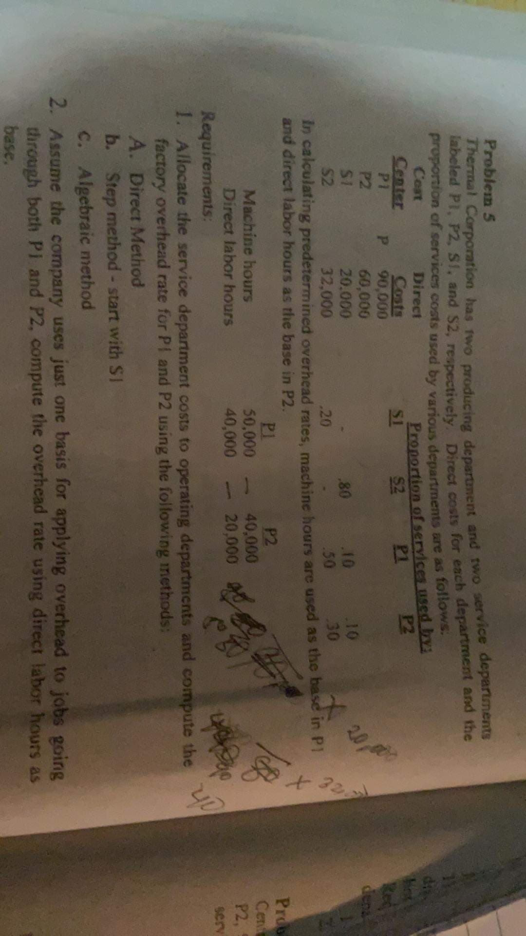 20,00
32
Problem 5
hermal Corporation has two producing department and two service departments
Labeled Pl, P2, SI, and S2, respectively Direct costs for each department and the
proportion of services costs used by various departments are as follows.
Proportion of services usedby:
P2
Cest
Direct
di
Center
P1
Costs
90,000
60,000
20.000
32,000
SI
$2
P1
Red
P2
SI
S2
.10
50
.10
30
80
.20
in calculating predetermined overhead rates, machine hours are used as the base in P1
and direct labor hours as tlhe base in P2.
PI
50,000
40,000
P2
40,000
20,000
Prob
Cent
P2,
Machine hours
Direct labor hours
serv
Requirements:
1. Allocate the service department costs to operating departments and compute the
factory overhead rate for PI and P2 using the following inethods:
A. Direct Method
b.
Step method - start with SI
C. Algebraic method
2. Assume the company uses just one basis for applying overhead to jobs going
through both Pi and P2, compute the overhead rate using direct labor hours as
base.
