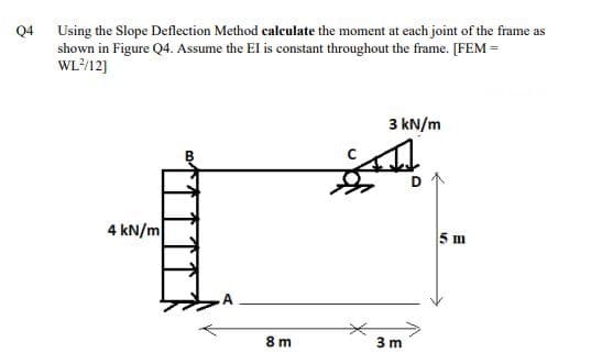Using the Slope Deflection Method calculate the moment at each joint of the frame as
shown in Figure Q4. Assume the El is constant throughout the frame. [FEM =
WL12]
Q4
3 kN/m
4 kN/m
5 m
8 m
3 m
