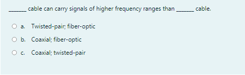 cable can carry signals of higher frequency ranges than cable.
a. Twisted-pair, fiber-optic
O b. Coaxial; fiber-optic
O. Coaxial; twisted-pair
