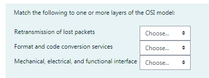 Match the following to one or more layers of the OSI model:
Retransmission of lost packets
Choose.
Format and code conversion services
Choose.
Mechanical, electrical, and functional interface Choose.
