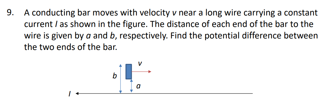 9. A conducting bar moves with velocity v near a long wire carrying a constant
current / as shown in the figure. The distance of each end of the bar to the
wire is given by a and b, respectively. Find the potential difference between
the two ends of the bar.
b
a