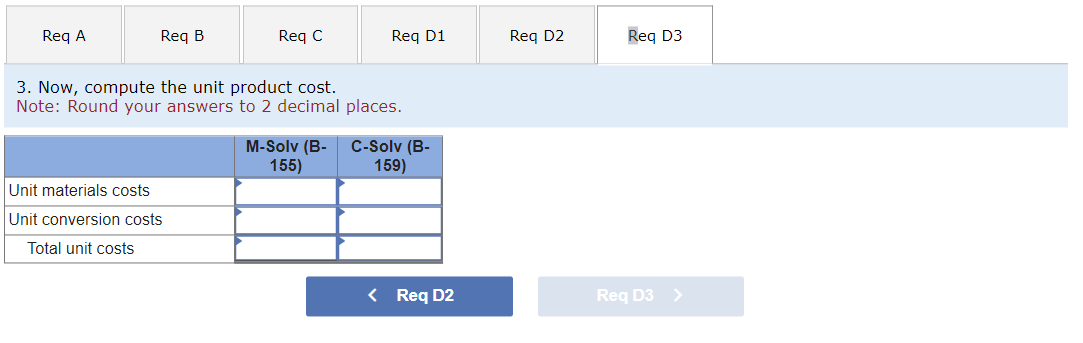 Req A
Req B
Req C
Unit materials costs
Unit conversion costs
Total unit costs
3. Now, compute the unit product cost.
Note: Round your answers to 2 decimal places.
Req D1
M-Solv (B-
155)
C-Solv (B-
159)
< Req D2
Req D2
Req D3
Req D3