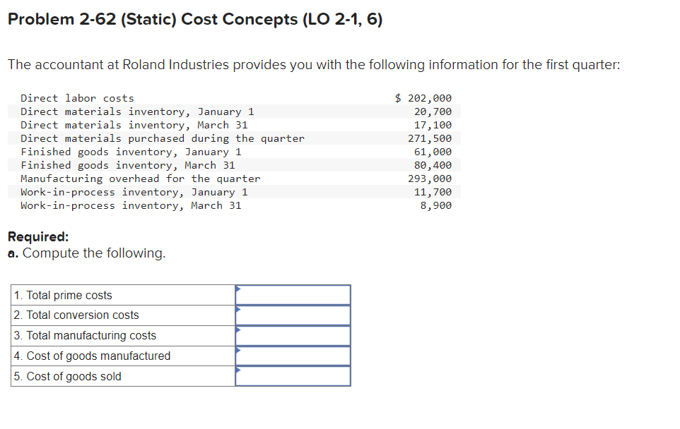 Problem 2-62 (Static) Cost Concepts (LO 2-1, 6)
The accountant at Roland Industries provides you with the following information for the first quarter:
Direct labor costs
Direct materials inventory, January 1
Direct materials inventory, March 31
Direct materials purchased during the quarter
Finished goods inventory, January 1
Finished goods inventory, March 31
Manufacturing overhead for the quarter
Work-in-process inventory, January 1
Work-in-process inventory, March 31
Required:
a. Compute the following.
1. Total prime costs
2. Total conversion costs
3. Total manufacturing costs
4. Cost of goods manufactured
5. Cost of goods sold
$ 202,000
20,700
17,100
271,500
61,000
80,400
293,000
11,700
8,900