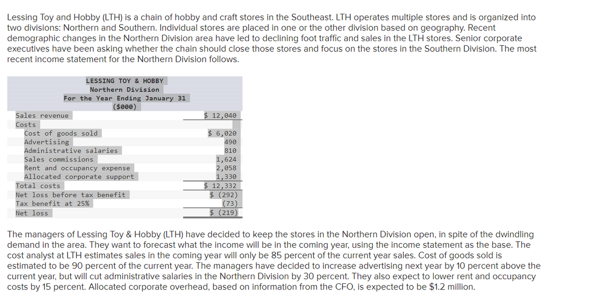 Lessing Toy and Hobby (LTH) is a chain of hobby and craft stores in the Southeast. LTH operates multiple stores and is organized into
two divisions: Northern and Southern. Individual stores are placed in one or the other division based on geography. Recent
demographic changes in the Northern Division area have led to declining foot traffic and sales in the LTH stores. Senior corporate
executives have been asking whether the chain should close those stores and focus on the stores in the Southern Division. The most
recent income statement for the Northern Division follows.
LESSING TOY & HOBBY
Northern Division
For the Year Ending January 31
($000)
Sales revenue
Costs
Cost of goods sold
Advertising
Administrative salaries
Sales commissions
Rent and occupancy expense
Allocated corporate support
Total costs
Net loss before tax benefit
Tax benefit at 25%
Net loss
$ 12,040
$ 6,020
490
810
1,624
2,058
1,330
$ 12,332
$ (292)
(73)
$ (219)
The managers of Lessing Toy & Hobby (LTH) have decided to keep the stores in the Northern Division open, in spite of the dwindling
demand in the area. They want to forecast what the income will be in the coming year, using the income statement as the base. The
cost analyst at LTH estimates sales in the coming year will only be 85 percent of the current year sales. Cost of goods sold is
estimated to be 90 percent of the current year. The managers have decided to increase advertising next year by 10 percent above the
current year, but will cut administrative salaries in the Northern Division by 30 percent. They also expect to lower rent and occupancy
costs by 15 percent. Allocated corporate overhead, based on information from the CFO, is expected to be $1.2 million.