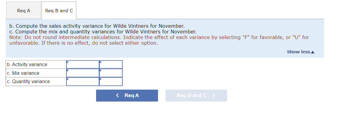 Req A
Req B and C
b. Compute the sales activity variance for Wilde Vintners for November.
c. Compute the mix and quantity variances for Wilde Vintners for November.
Note: Do not round intermediate calculations. Indicate the effect of each variance by selecting "F" for favorable, or "U" for
unfavorable. If there is no effect, do not select either option.
b. Activity variance
c. Mix variance
c. Quantity variance
< Req A
Req B and C >
Show less