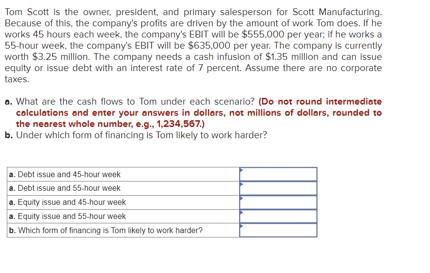Tom Scott is the owner, president, and primary salesperson for Scott Manufacturing.
Because of this, the company's profits are driven by the amount of work Tom does. If he
works 45 hours each week, the company's EBIT will be $555,000 per year; if he works a
55-hour week, the company's EBIT will be $635,000 per year. The company is currently
worth $3.25 million. The company needs a cash infusion of $1.35 million and can issue
equity or issue debt with an interest rate of 7 percent. Assume there are no corporate
taxes.
a. What are the cash flows to Tom under each scenario? (Do not round intermediate
calculations and enter your answers in dollars, not millions of dollars, rounded to
the nearest whole number, e.g., 1,234,567.)
b. Under which form of financing is Tom likely to work harder?
a. Debt issue and 45-hour week
a. Debt issue and 55-hour week
a. Equity issue and 45-hour week
a. Equity issue and 55-hour week
b. Which form of financing is Tom likely to work harder?