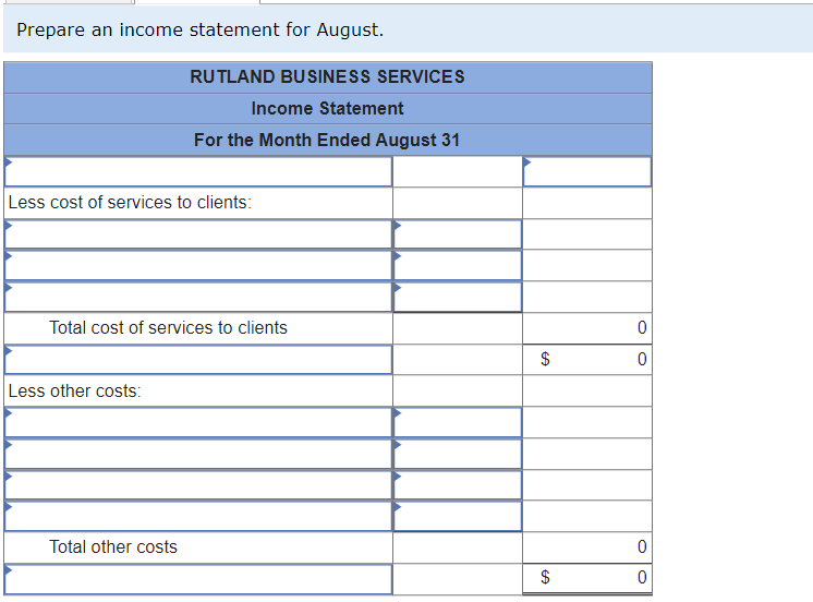 Prepare an income statement for August.
RUTLAND BUSINESS SERVICES
Less cost of services to clients:
Less other costs:
Income Statement
For the Month Ended August 31
Total cost of services to clients
Total other costs
$
$
0
0
0
0