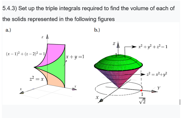 5.4.3) Set up the triple integrals required to find the volume of each of
the solids represented in the following figures
b.)
a.)
- x² + y? + z² = 1
(x – 1)² + (z – 2)² = 1/
x+ y =1
z? = x²+y?
z2 = x
