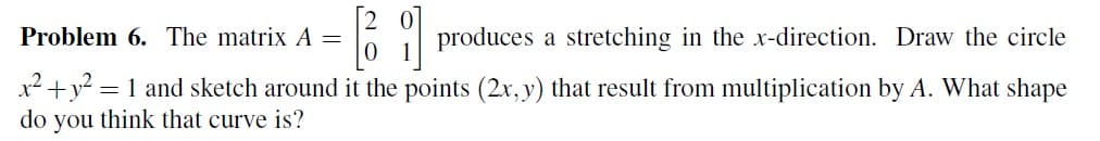 [61]
produces a stretching in the x-direction. Draw the circle
=
1 and sketch around it the points (2x, y) that result from multiplication by A. What shape
do you think that curve is?
Problem 6. The matrix A =
x² + y²