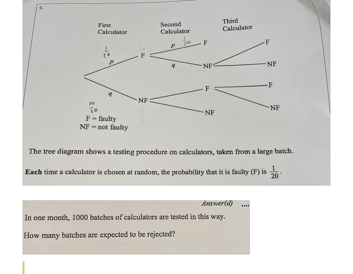 4.
Third
Calculator
First
Second
Calculator
Calculator
20
F
-F
20
P
NF
NF
F
-F
NF
19
20
NF
NF
F = faulty
NF = not faulty
20
The tree diagram shows a testing procedure on calculators, taken from a large batch.
Each time a calculator is chosen at random, the probability that it is faulty (F) is
1
20
Answer(d)
In one month, 1000 batches of calculators are tested in this way.
How many batches are expected to be rejected?
