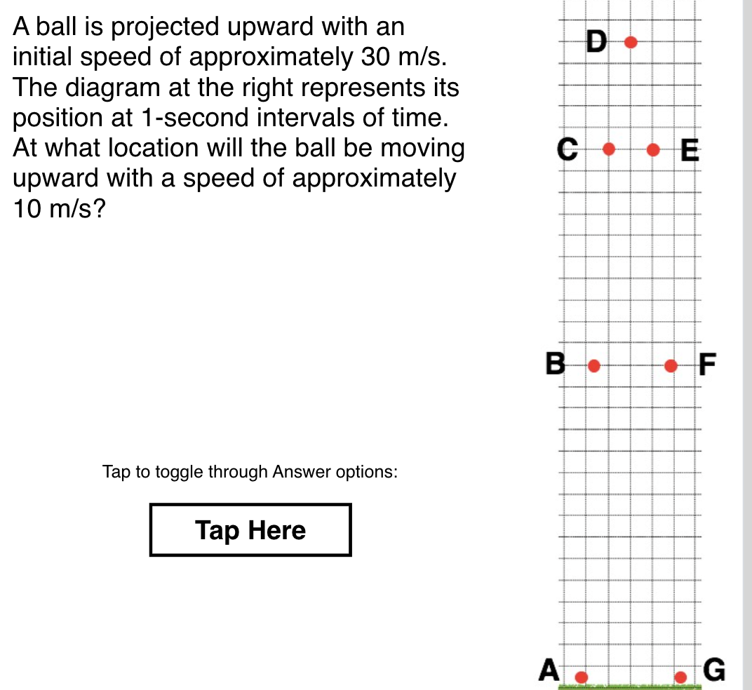 A ball is projected upward with an
initial speed of approximately 30 m/s.
The diagram at the right represents its
position at 1-second intervals of time.
At what location will the ball be moving
upward with a speed of approximately
10 m/s?
D
B
Tap to toggle through Answer options:
Тар Here
A
