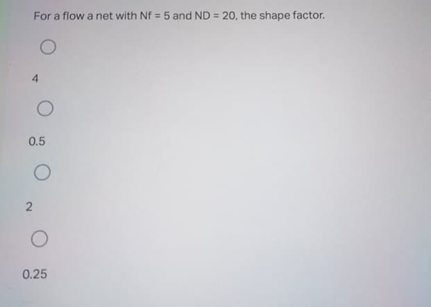 For a flow a net with Nf = 5 and ND = 20, the shape factor.
4.
0.5
0.25
