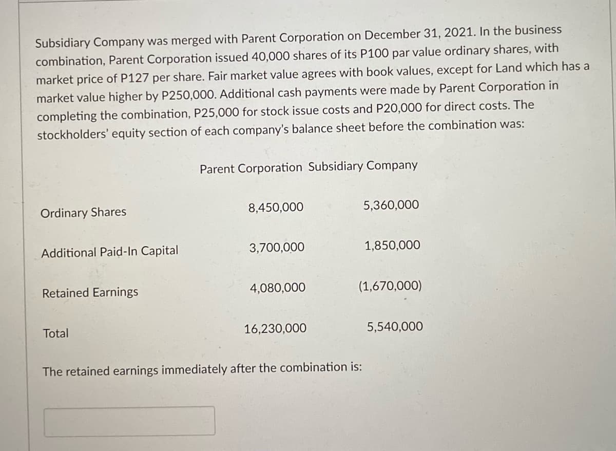 Subsidiary Company was merged with Parent Corporation on December 31, 2021. In the business
combination, Parent Corporation issued 40,000 shares of its P100 par value ordinary shares, with
market price of P127 per share. Fair market value agrees with book values, except for Land which has a
market value higher by P250,000. Additional cash payments were made by Parent Corporation in
completing the combination, P25,000 for stock issue costs and P20,000 for direct costs. The
stockholders' equity section of each company's balance sheet before the combination was:
Parent Corporation Subsidiary Company
Ordinary Shares
8,450,000
5,360,000
Additional Paid-In Capital
3,700,000
1,850,000
Retained Earnings
4,080,000
(1,670,000)
Total
16,230,000
5,540,000
The retained earnings immediately after the combination is:
