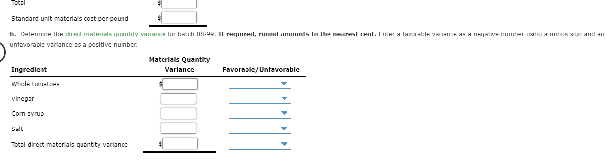 Total
Standard unit materials cost per pound
b. Determine the direct materials quantity variance for batch 08-99. If required, round amounts to the nearest cent. Enter a favorable variance as a negative number using a minus sign and an
unfavorable variance as a positive number.
Materials Quantity
Ingredient
Variance
Favorable/Unfavorable
$
Whole tomatoes
Vinegar
Corn syrup
Salt
Total direct materials quantity variance

