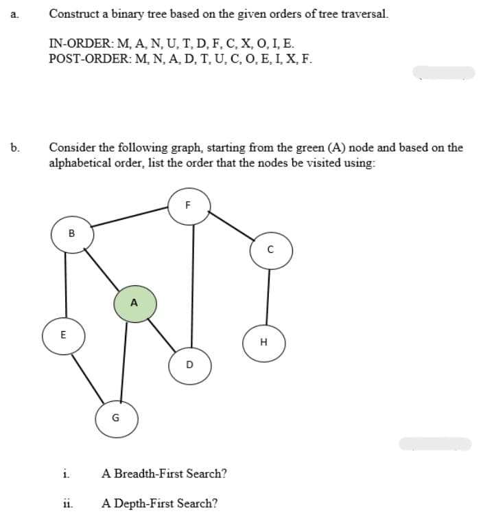 a.
Construct a binary tree based on the given orders of tree traversal.
IN-ORDER: M, A, N, U, T, D, F, C, X, O, I, E.
POST-ORDER: M, N, A, D, T, U, C, O, E, I, X, F.
b.
Consider the following graph, starting from the green (A) node and based on the
alphabetical order, list the order that the nodes be visited using:
F
B
A
E
H
D
G
i.
A Breadth-First Search?
11.
A Depth-First Search?
